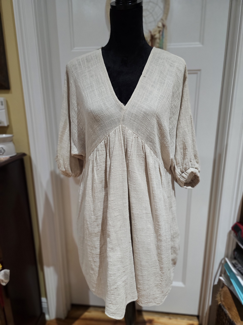 mittoshop Cream V-Neck Gathered Linen Dress